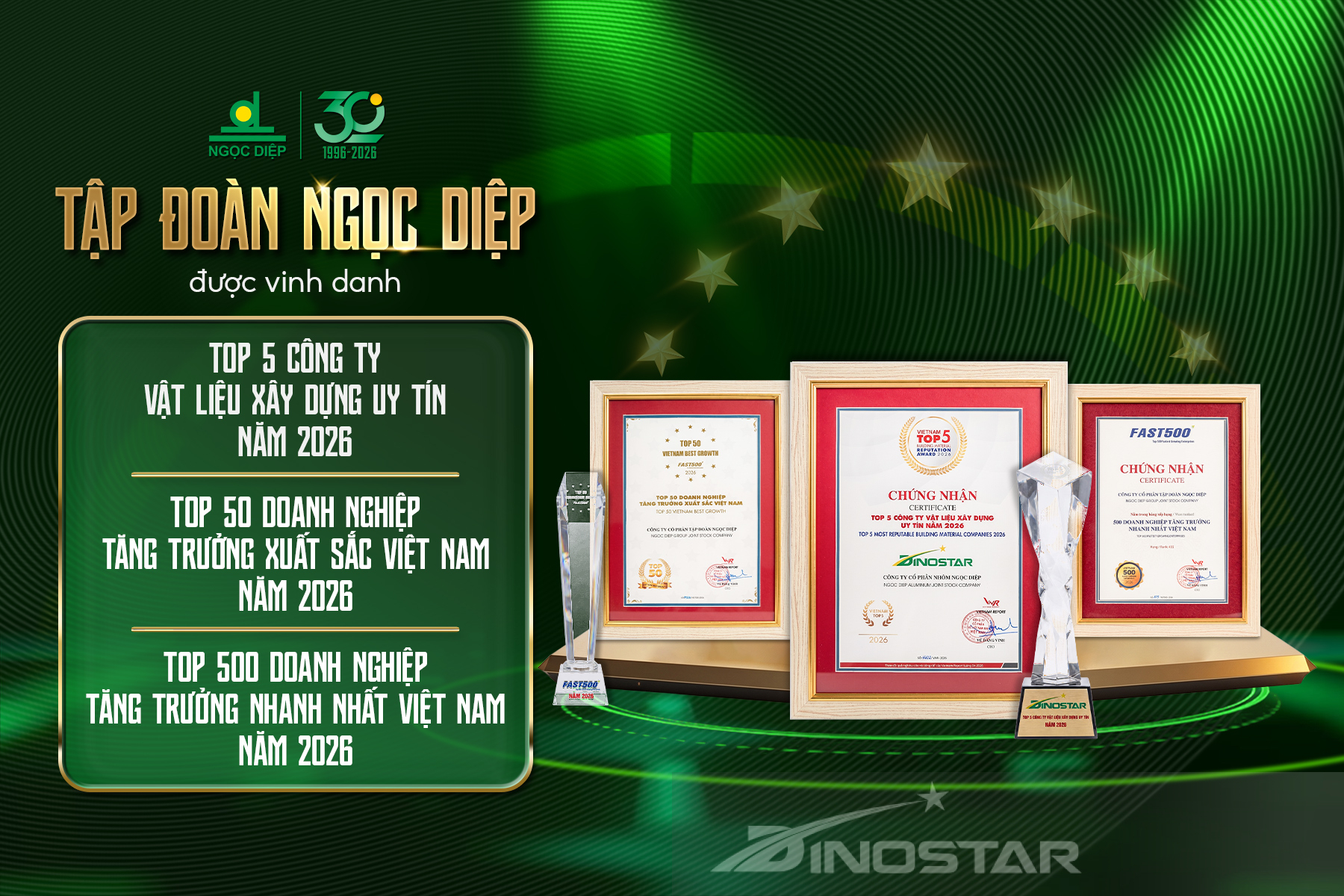 TẬP ĐOÀN NGỌC DIỆP TIẾP TỤC KHẲNG ĐỊNH VỊ THẾ TRONG TOP 50 DOANH NGHIỆP TĂNG TRƯỞNG XUẤT SẮC VIỆT NAM 2026